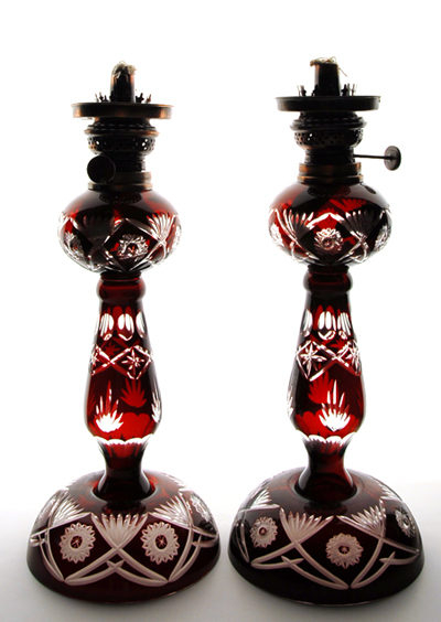 Appraisal: Pair Red Cut-to-clear Glass Oil Lamps H