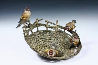 Appraisal: AUSTRIAN COLD PAINTED BRONZE SCULPTURE Large Basket with Goldfinch Birds