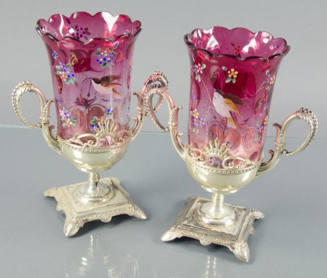 Appraisal: Matching Pair of Victorian Cranberry Piano VasesEnameled decoration of florals