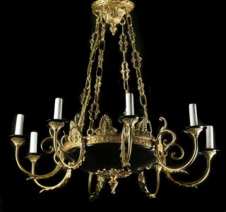 Appraisal: French Empire style -arm gilt and ebonized chandelier the acanthus