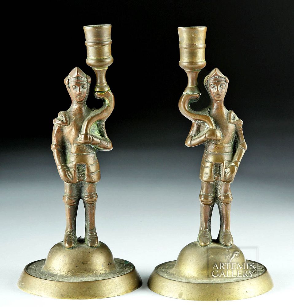 Appraisal: th C European Brass Candlesticks w Knights pr Europe ca