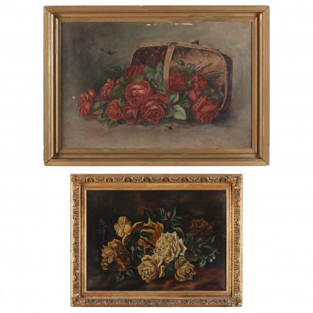 Appraisal: TWO ANTIQUE STILL LIFE PAINTINGS WITH ROSES The first depicting