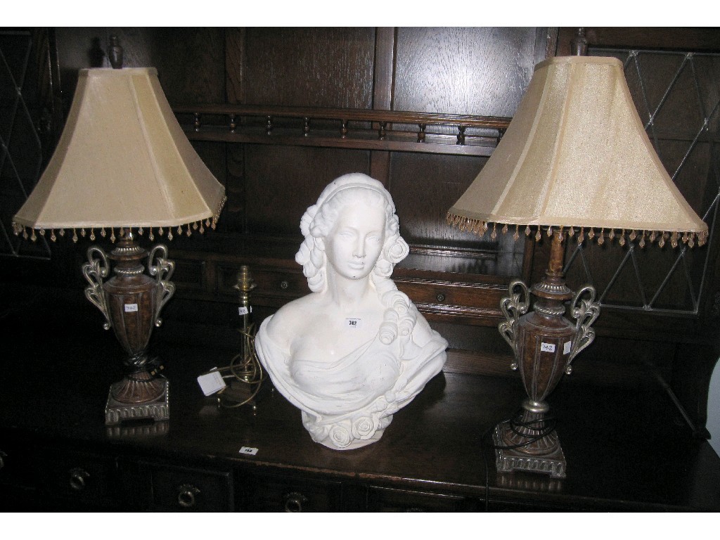 Appraisal: Lot comprising pair reproduction lamps a bust and a brass