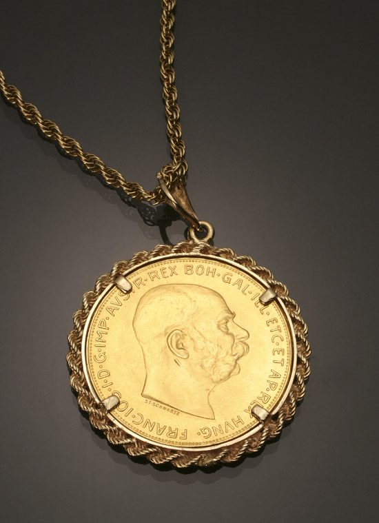 Appraisal: Austrian Gold Coin Pendant and Chain The four-prong and rope-edge