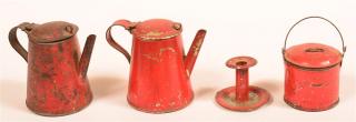 Appraisal: Lot of Four Pieces of Miniature Red Toleware Two coffeepots