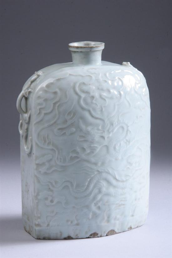 Appraisal: CHINESE QINGBAI PORCELAIN PILGRIM FLASK Yuan Dynasty Incised with dragon