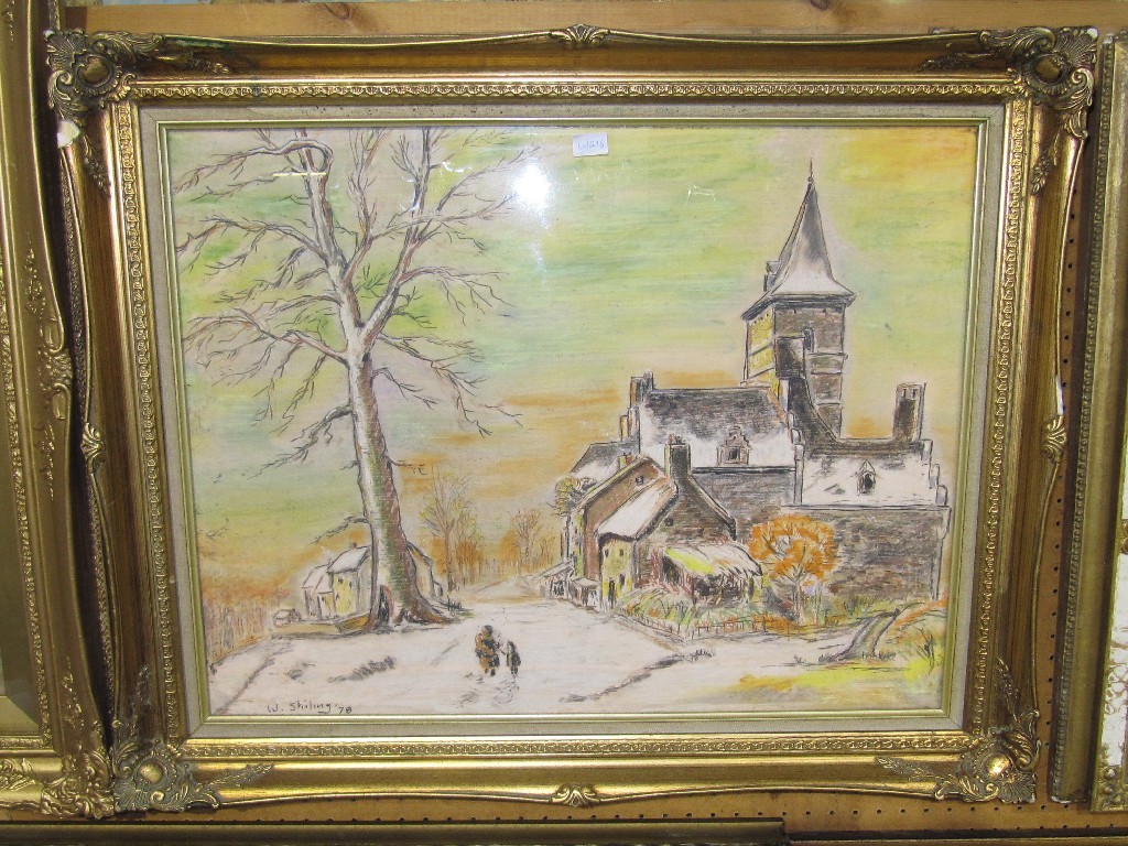 Appraisal: Chalk landscape with figure and a church signed and dated