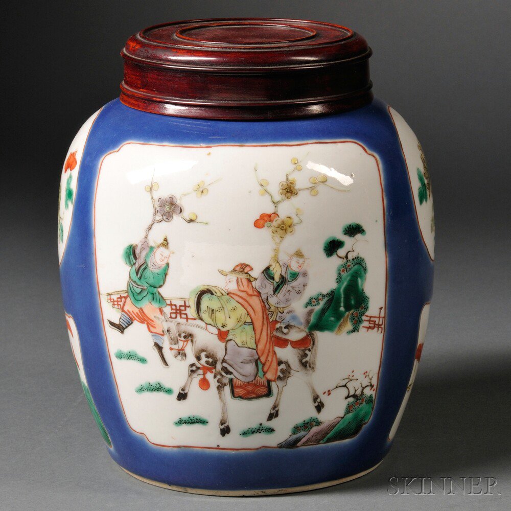 Appraisal: Enameled Porcelain Jar with Wood Cover China decorated with figures