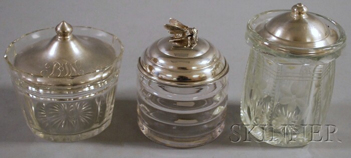 Appraisal: Three Colorless Glass Sterling Silver-lidded Jam and Honey Pots Wallace