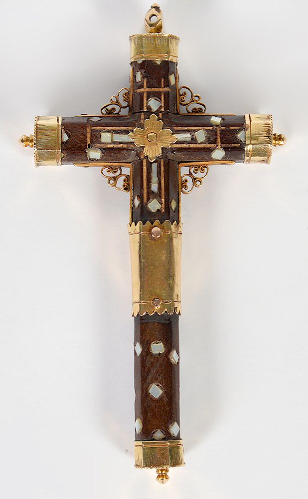 Appraisal: Middle Eastern Gold Wood Cross with Inlays Gold and wood