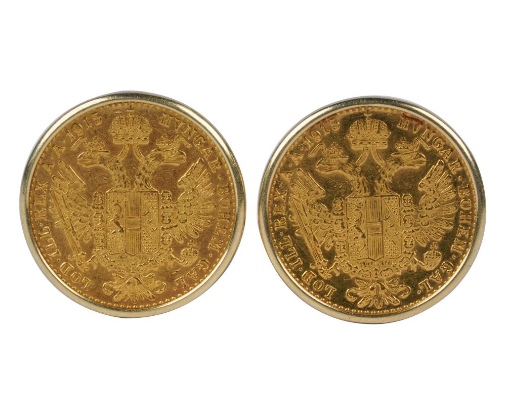 Appraisal: PAIR OF KARAT YELLOW GOLD COIN CUFFLINKScontaining two bezel-set Austro-Hungarian