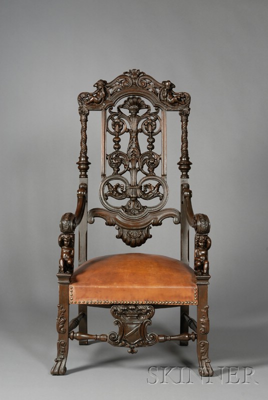 Appraisal: Jacobean-style Mahogany Open Armchair early th century the backrest carved