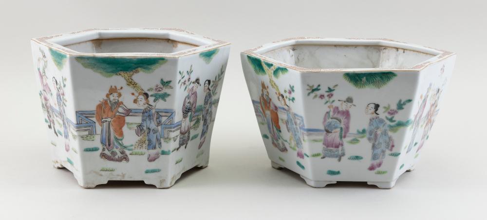 Appraisal: NEAR-PAIR OF CHINESE FAMILLE ROSE PORCELAIN HEXAGONAL JARDINIERES EARLY TH