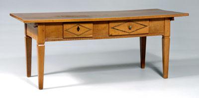 Appraisal: Biedermeier inlaid fruitwood table figured top with batten supports frame