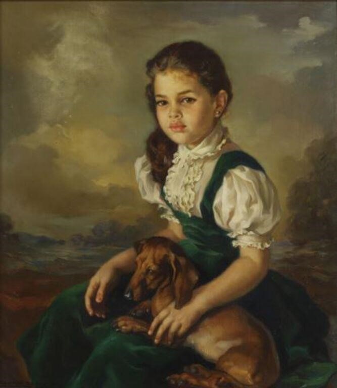 Appraisal: FRANCISCO RIBERA - GIRL DACHSHUNDFramed oil on canvas painting Portrait