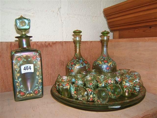 Appraisal: A set of Continental green lustre glass decorated in enamels