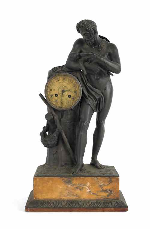 Appraisal: Bronze figural clock depicting a man feeding an infant on