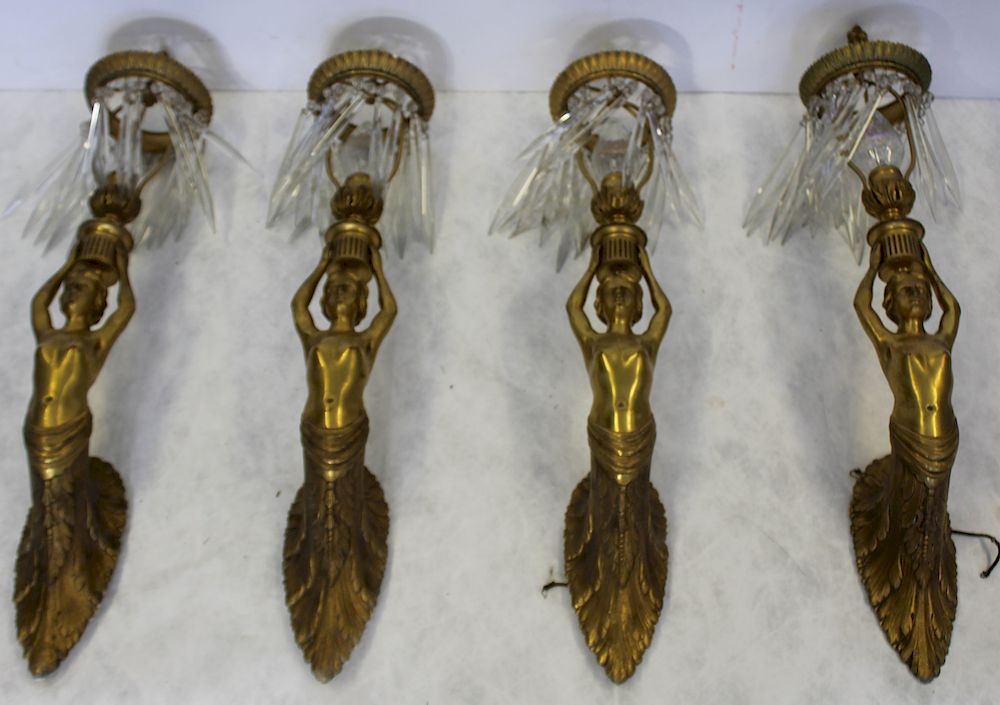 Appraisal: Magnificent Set Of Gilt Bronze Figural Sconces Great quality with