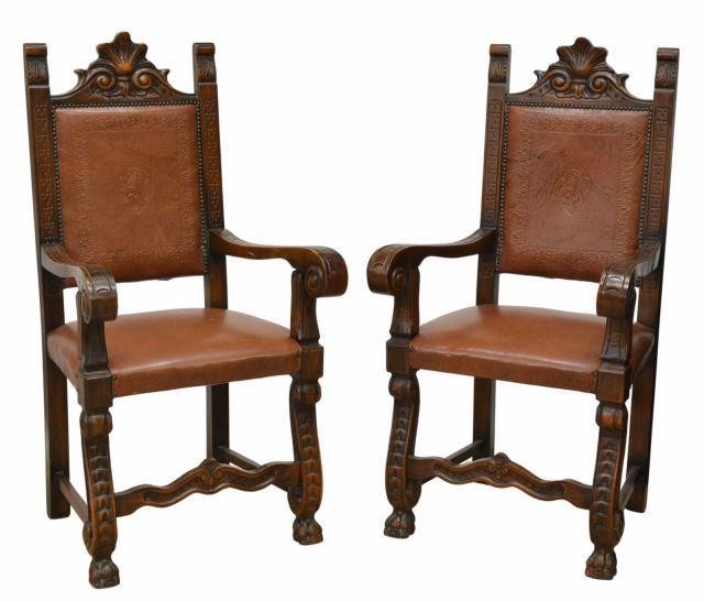 Appraisal: pair Renaissance Revival style armchairs th c carved walnut frames