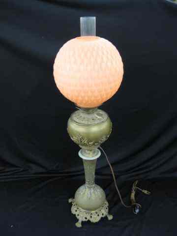 Appraisal: Victorian Banquet Lamp fancy metalwork with pink satin diamond quilted