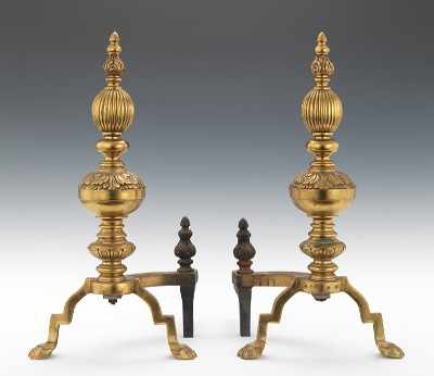 Appraisal: A Pair of Antique Bronze Andirons Tall andirons with animal