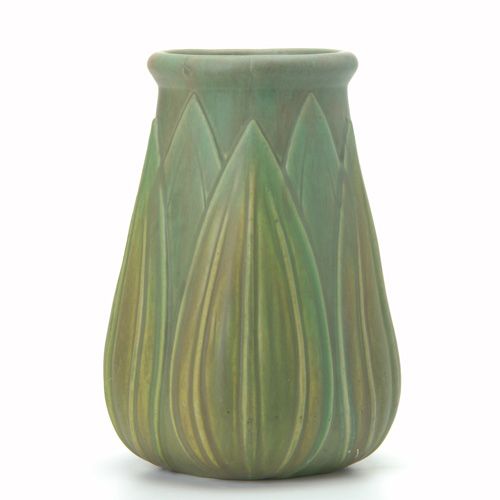 Appraisal: ROSEVILLE Early Velmoss tapered vase with broad pointed leaves Three