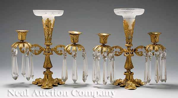 Appraisal: A Pair of American Gilt Brass Two-Light Girandoles with Trumpet