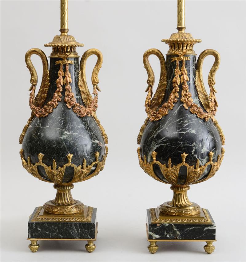 Appraisal: PAIR OF LOUIS XVI STYLE GILT-METAL-MOUNTED VERDE ANTICO PEAR-FORM VASES