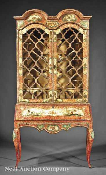 Appraisal: An Italian Paint-Decorated Secretary Desk arched cornice glazed doors enclosing