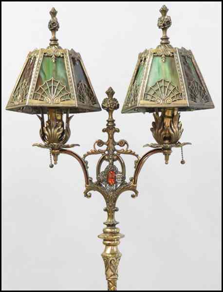 Appraisal: GILT METAL TWO-LIGHT FLOOR LAMP With slag glass shades Height