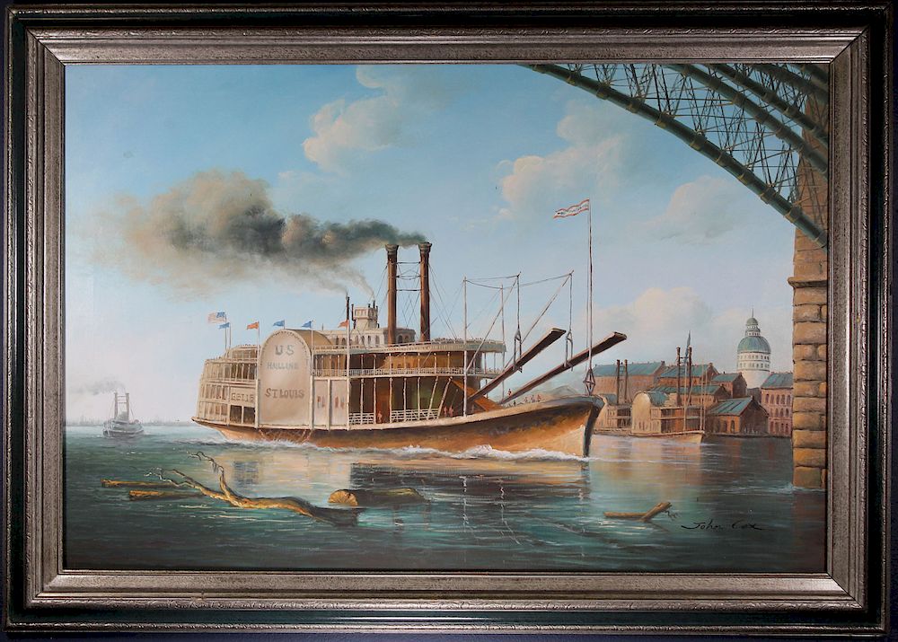 Appraisal: John Cox St Louis Steamwheeler Painting John Cox Oil on