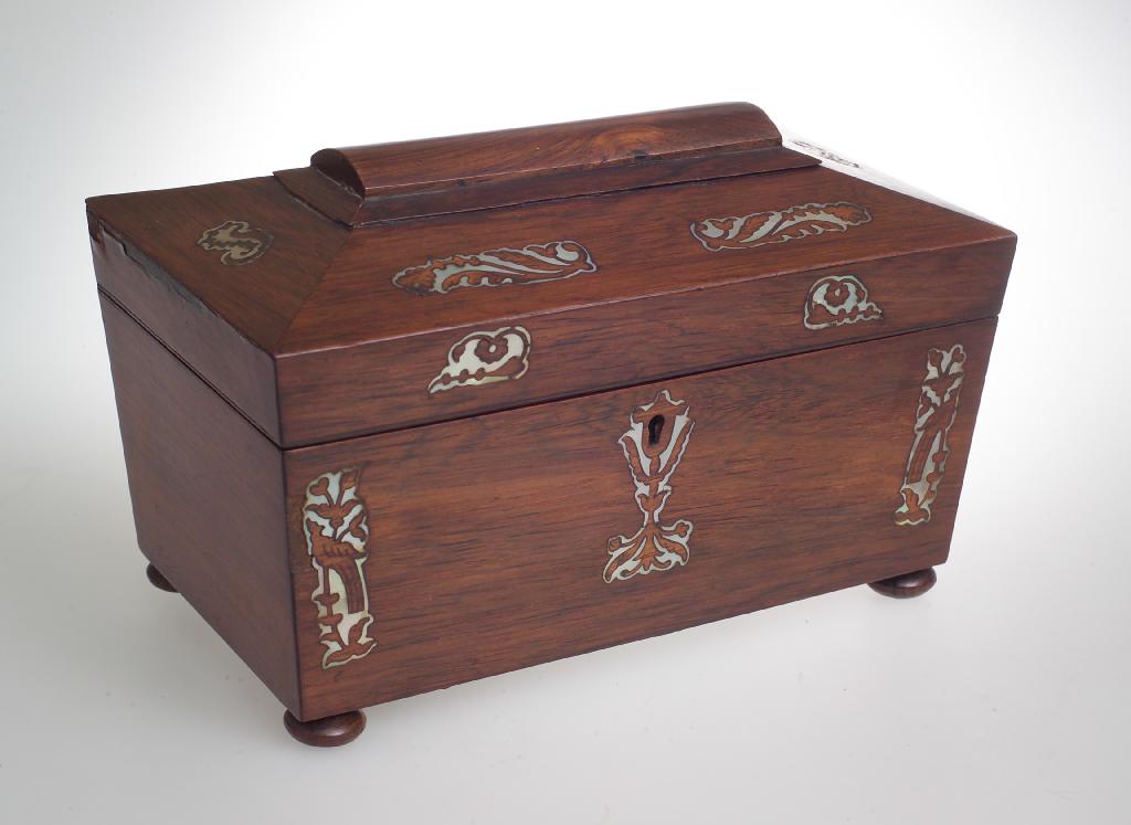 Appraisal: MOTHER- F-PEARL INLAID ROSEWOOD TEA CADDY first half of the