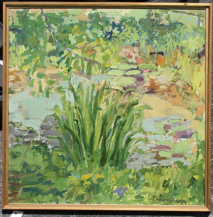 Appraisal: ILLEGIBLY SIGNED IMPRESSIONIST POND SCENE OIL CANVAS '' x ''