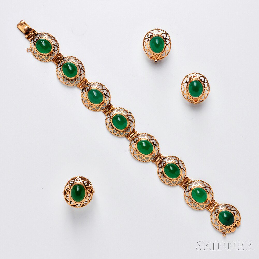 Appraisal: Green Chalcedony and kt Gold Suite including a bracelet earclips