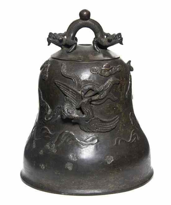 Appraisal: A Chinese Bronze Bell having double dragon looped handle at