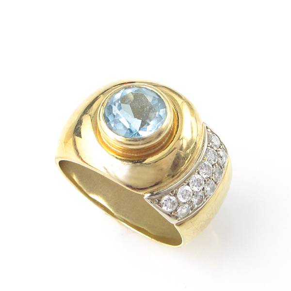 Appraisal: An aquamarine diamond and k gold wide band ring signed