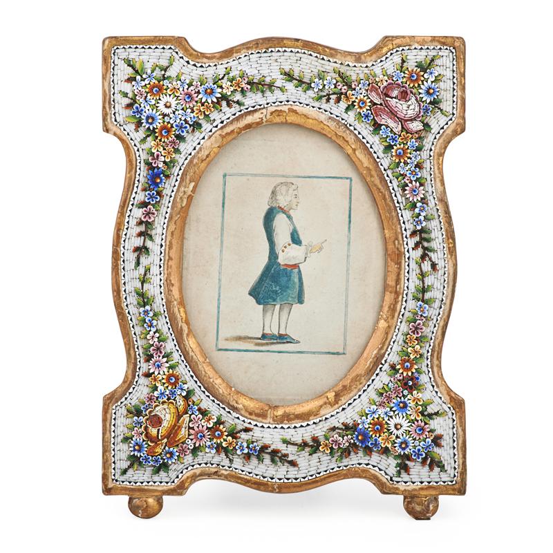 Appraisal: CONTINENTAL MOSAIC GLASS FRAME Floral design with a watercolor of