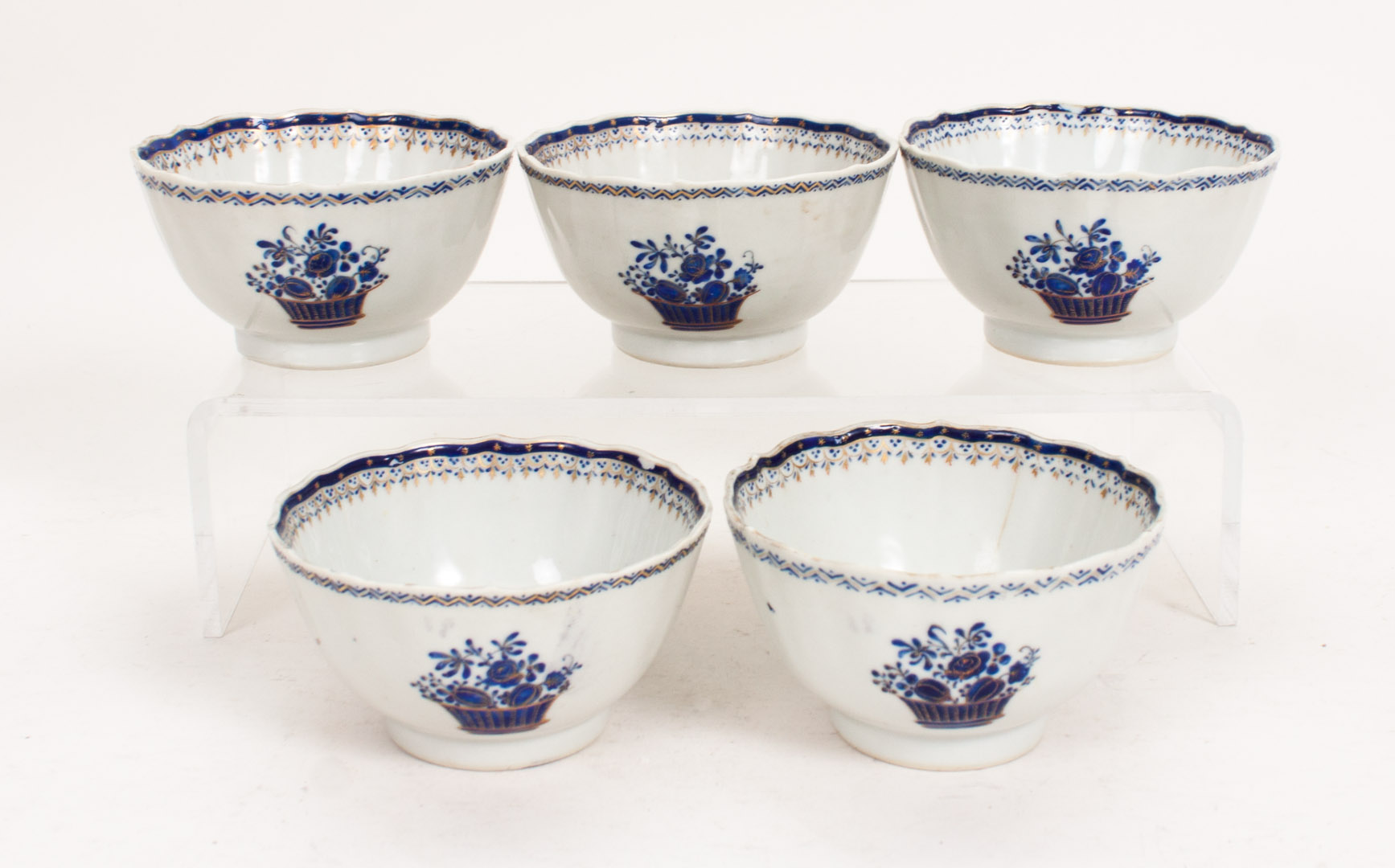 Appraisal: Five Chinese Export porcelain tea bowls circa blue fruit basket