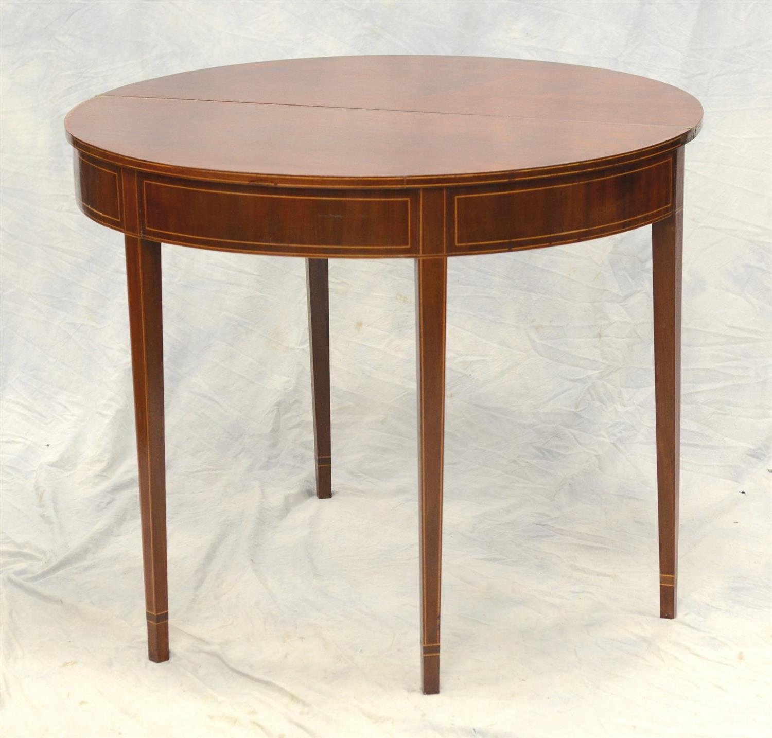 Appraisal: Hepplewhite mahogany line inlaid demilune card table w d high