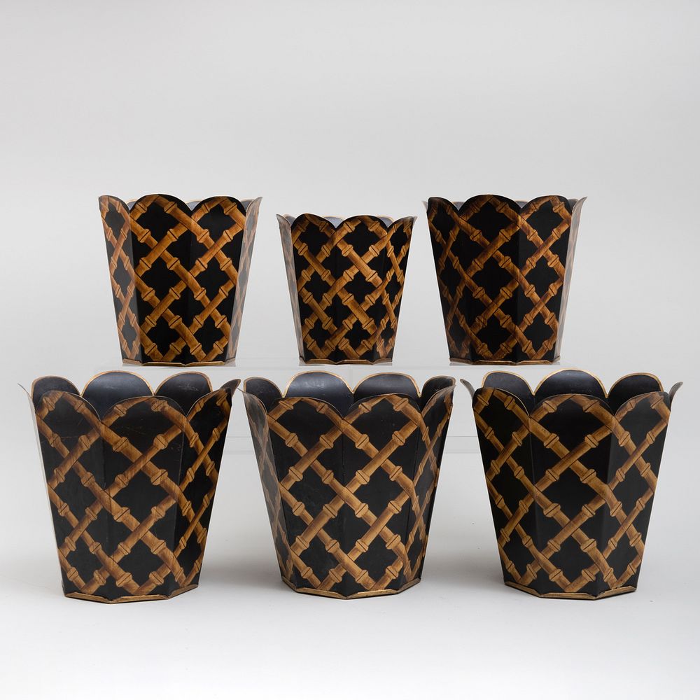 Appraisal: Set of Five Faux Bamboo Tole Painted Wastebaskets in Graduated