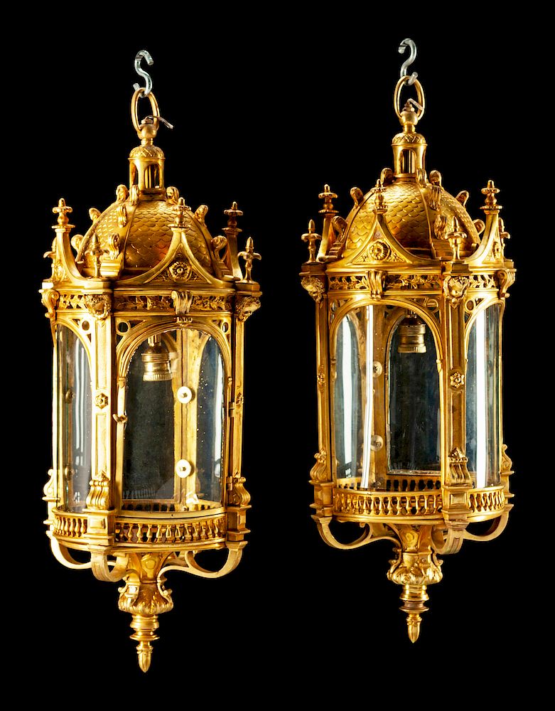 Appraisal: A Pair of Gothic Style Gilt-Bronze Lanterns A Pair of