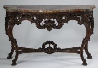 Appraisal: Rococo style marble top walnut console l Rococo style walnut