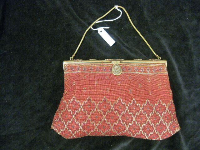 Appraisal: Vintage Beaded Evening Bag metal beadwork geometric designs on red