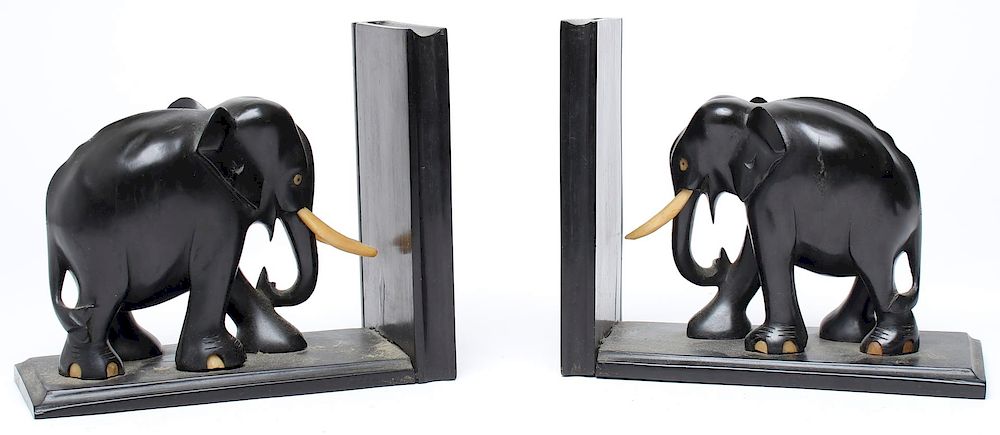 Appraisal: African Hand Carved Elephant Bookends African hand carved ebony wood