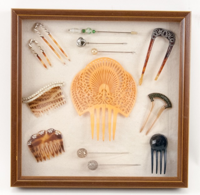 Appraisal: Shadow Box of Vintage Combs Hair Ornaments To include pieces