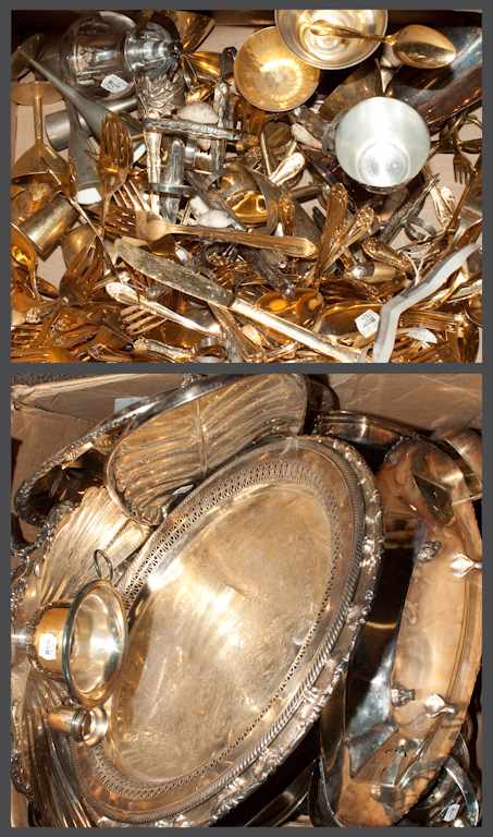 Appraisal: Large assortment of gold washed silver-plated flatware silver-plated serving articles