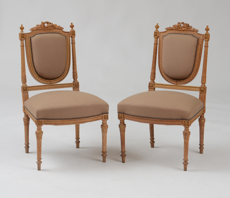 Appraisal: PAIR OF LOUIS XVI STYLE CARVED BEECHWOOD CHAISES LA REINE