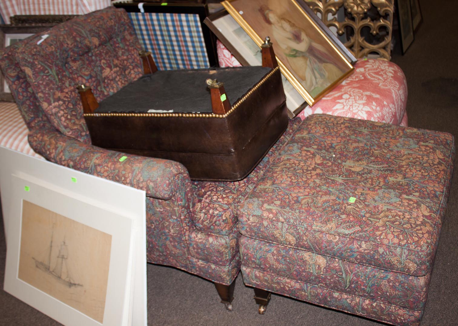 Appraisal: Upholstered occasional chair and two footstools