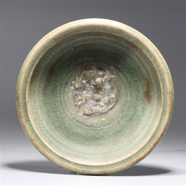 Appraisal: Chinese celadon glazed brush washer with molded designs to body