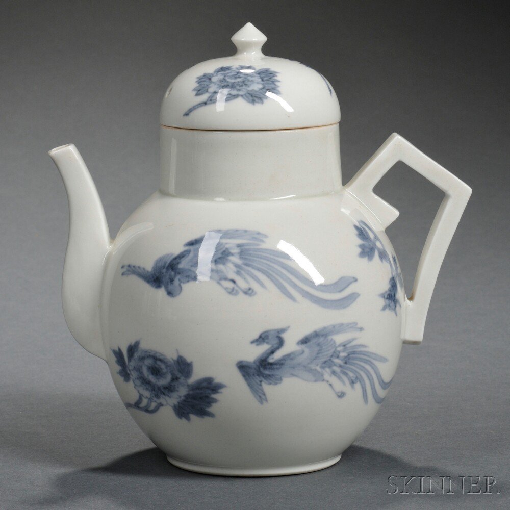 Appraisal: Blue and White Covered Teapot Asia globular body with an